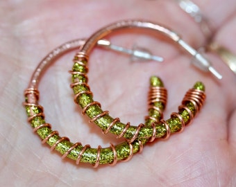 Copper Hoop Earring, Rustic Hoops, 1 inch hoops, Gifts for Her, Green Hoop Earrings, Wire Wrapped Hoops