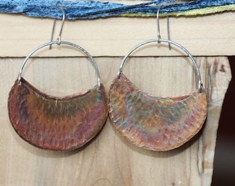 Copper Hoop Earrings / Copper and Silver Dangle Hoop Earrings / Texted Copper Crescent Moon Earrings /