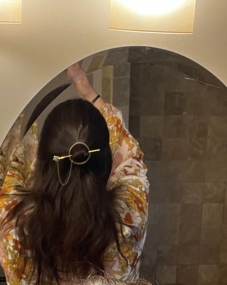 Open Circle Hair slide Barrette-brass hair stick - round barrette - hair pin - gold hair slide - Womans hair clip - Aventurine Hair Stick