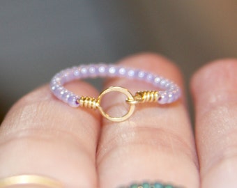 Stackable Thin Ring - Purple Beaded, Circle 14k Gold Filled Wire Wrapped Thin Ring, Beaded Ring, Gift Women, Gifts For Her, Handmade