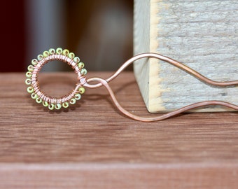 Hair Fork, Open Circle Hair Pin, Green Beaded Hair Accessory, Copper Hair Fork, Gift for woman