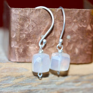 Tiny Silver Earring Small Square Gem Earrings White Chalcedony Earrings Gift for Her Gift for Him Sterling Silver Gemstone Dangles image 6