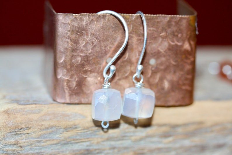 Tiny Silver Earring Small Square Gem Earrings White Chalcedony Earrings Gift for Her Gift for Him Sterling Silver Gemstone Dangles image 6