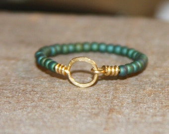 Stackable Thin Ring - Green Beaded Ring, Circle 14k Gold Filled Wire Wrapped Thin Ring, Beaded Ring, Gift Women, Gifts For Her, Handmade
