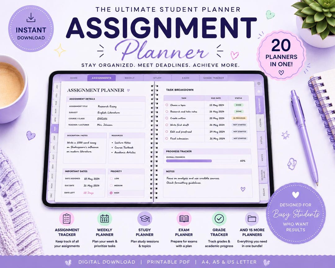 Editable Assignment Planner & Tracker | Customizable Study Organizer ...