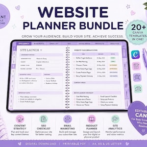 May include: A digital website planner bundle displayed on a tablet screen, featuring purple and white tabbed pages for site launch, blog posts, and SEO. The interface includes task breakdowns, checklists, and content ideas, with text labels for planning.