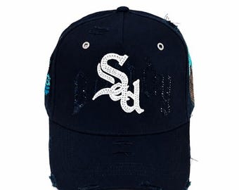 Distressed Black Baseball Cap, Rhinestone "Sad" Lettering, Dragon Embroidery, Basketball Patch