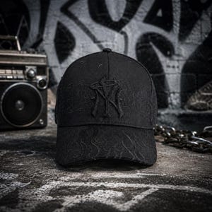 May include: A black baseball cap featuring a raised, embroidered logo on the front panel that resembles the letters NY. The cap includes tonal, subtle flame-like embroidery patterns across the crown and the curved brim, creating a monochromatic look.