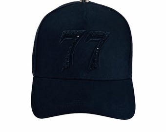 Black 77 Baseball Cap with Rhinestone Embroidery, Streetwear Dad Hat Barbas Hats Fathers day hat Mens caps Mens Hats Womens hats
