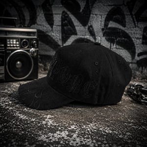 May include: A black baseball cap featuring tonal embroidery on the front panel with the word "RIPONE" in a gothic-style font. The curved brim displays subtle, matching black flame-pattern stitching, and the cap includes ventilation eyelets.