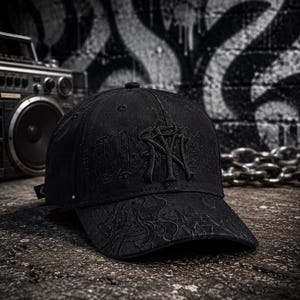 May include: A black baseball cap featuring tonal black embroidery on the front panel and a subtle, dark flame-like pattern stitched across the curved brim. The cap is constructed from a structured fabric with a classic six-panel design and eyelets.