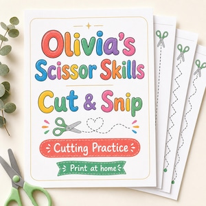 Może przedstawiać: Arkusz ćwiczeń do druku zatytułowany Olivia's Scissor Skills Cut & Snip z kolorowymi literami, ikoną zielonych nożyczek i przerywanymi liniami cięcia. Strona zawiera tekst Cutting Practice oraz Print at home na białym tle.