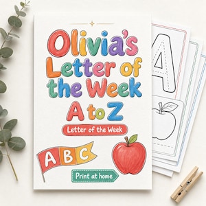 May include: A printable educational activity sheet titled Olivia's Letter of the Week A to Z, featuring colourful bubble letters, a red apple illustration, a flag with ABC, and additional pages showing a large letter A and an apple outline.