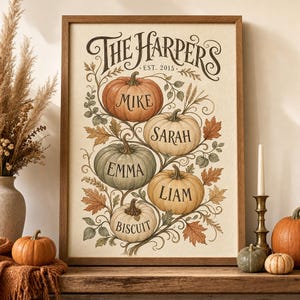 Personalized Fall Family Print, Custom Pumpkin Patch Sign with Family Names, Autumn Wall Art, Made-to-Order Digital