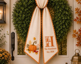 Personalized Fall Wreath Sash, Monogram Front Door Decor, Choose 1 of 4 Harvest Designs, Custom Family Name & Est Year, Housewarming Gift