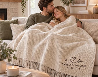 Personalized Couple Blanket, Chunky Knit Embroidered Throw with Names and Date, Newlywed or Engagement Gift, Mr and Mrs Keepsake