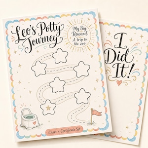 Peut inclure: Un ensemble de tableau de propreté et certificat intitulé Leo's Potty Journey. Le tableau présente un chemin sinueux avec des espaces en forme d'étoile, une illustration de pot et un objectif My Big Reward A trip to the zoo. Le certificat dit I Did It!