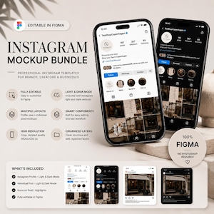 Pode incluir: Um pacote de mockups do Instagram com modelos profissionais para marcas, criadores e empresas. A imagem mostra dois smartphones exibindo perfis do Instagram nos modos claro e escuro. Inclui designs totalmente editáveis, vários layouts e alta resolução.