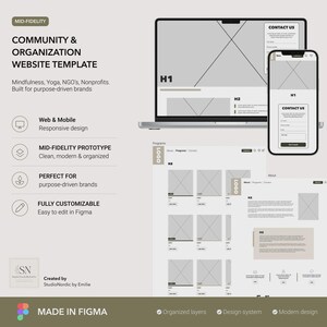 Puede incluir: Una plantilla de sitio web de fidelidad media para marcas comunitarias y organizativas, con diseño responsivo para web y móvil. El diseño incluye wireframes para portátil y smartphone, mostrando encabezados H1 y H2 y formularios de contacto.