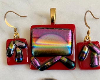 Fused Dichroic Glass Jewelry Set, Pendant and Earrings