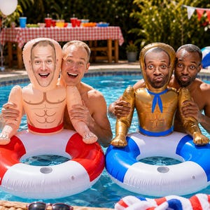Op de afbeelding: Twee opblaasbare zwembadbanden met op maat bedrukte gezichten op de hoofden van gespierde figuren. De ene band is rood-wit met een beige figuur, de andere is blauw-wit met een gouden figuur die een blauwe halsdoek draagt.