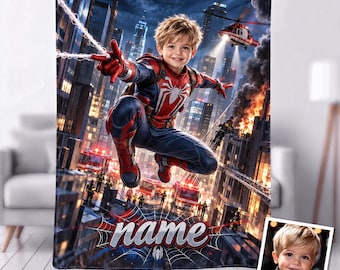 Custom Face & Name Spider Hero Blanket, Personalized Kids City Defender Throw