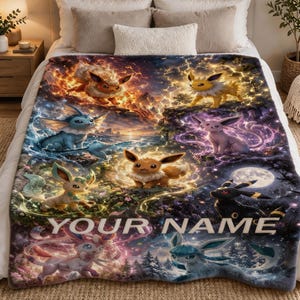 Personalized Eevee Evolution Blanket, Custom Name Pokémon Fleece Throw, Gamer Gift