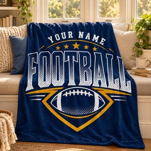 Personalized Football Blanket, Custom Name Fleece Throw, Navy Gold Sports Room Decor
