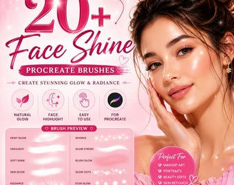 Paquete de más de 20 pinceles de Procreate para brillo facial: reflejos realistas en la piel, efectos de maquillaje de brillo, herramientas de pintura de retratos digitales, pinceles de Procreate.