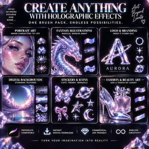 K&ouml;nnte beinhalten: Eine Werbegrafik f&uuml;r ein digitales Pinselset mit holografischen Effekten. Der Text lautet: CREATE ANYTHING WITH HOLOGRAPHIC EFFECTS. ONE BRUSH PACK. ENDLESS POSSIBILITIES. Gezeigt werden Beispiele f&uuml;r Portr&auml;ts, einen Drachen, Logos und digitale Kunst.