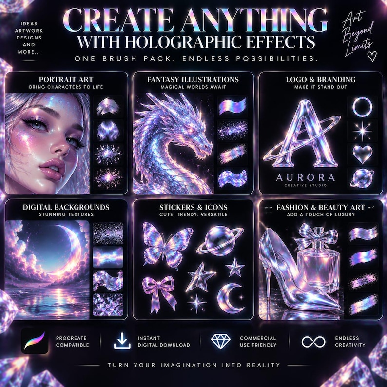 K&ouml;nnte beinhalten: Eine Werbegrafik f&uuml;r ein digitales Pinselset mit holografischen Effekten. Der Text lautet: CREATE ANYTHING WITH HOLOGRAPHIC EFFECTS. ONE BRUSH PACK. ENDLESS POSSIBILITIES. Gezeigt werden Beispiele f&uuml;r Portr&auml;ts, einen Drachen, Logos und digitale Kunst.
