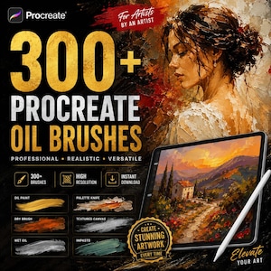 Puede incluir: Un anuncio digital de 300+ pinceles de óleo para Procreate que incluye un retrato, una tableta con un paisaje, un lápiz óptico y muestras de texto como Oil Paint, Palette Knife, Dry Brush e Impasto sobre un fondo negro.