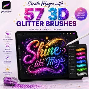 May include: A digital tablet displaying the text Shine like Magic in a multi-colored 3D glitter effect. The screen shows a brush library menu with various glitter options. A small glass jar of purple glitter sits in the foreground.