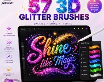 Paquete de más de 57 pinceles 3D con purpurina para Procreate, efectos de brillo y destellos realistas, texturas de lámina metálica, pinceles de arte digital para iPad y Procreate.