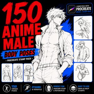 Könnte beinhalten: Ein digitales Kunst-Ressourcenpaket mit 150 Anime-Körperposen für Procreate. Die Grafik zeigt großen roten und blauen Text mit der Aufschrift 150 ANIME MALE BODY POSES, PROCREATE STAMP PACK sowie mehrere schwarz-weiße Strichzeichnungen.