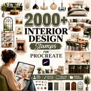 May include: A digital collection of 2000+ interior design stamps for Procreate, featuring various furniture, lighting, and architectural elements like sofas, chairs, tables, doors, and lamps, displayed in a collage with the text 2000+ INTERIOR DESIGN Stamps FOR PROCREATE.
