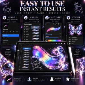 K&ouml;nnte beinhalten: Ein digitales Pinselset f&uuml;r Procreate mit einer vierstufigen Anleitung zur Installation, Erstellung, Anpassung und zum Export. Das Display zeigt ein Tablet mit Eingabestift, das irisierende, leuchtende Pinselstriche und eine Schmetterlingsgrafik pr&auml;sentiert.