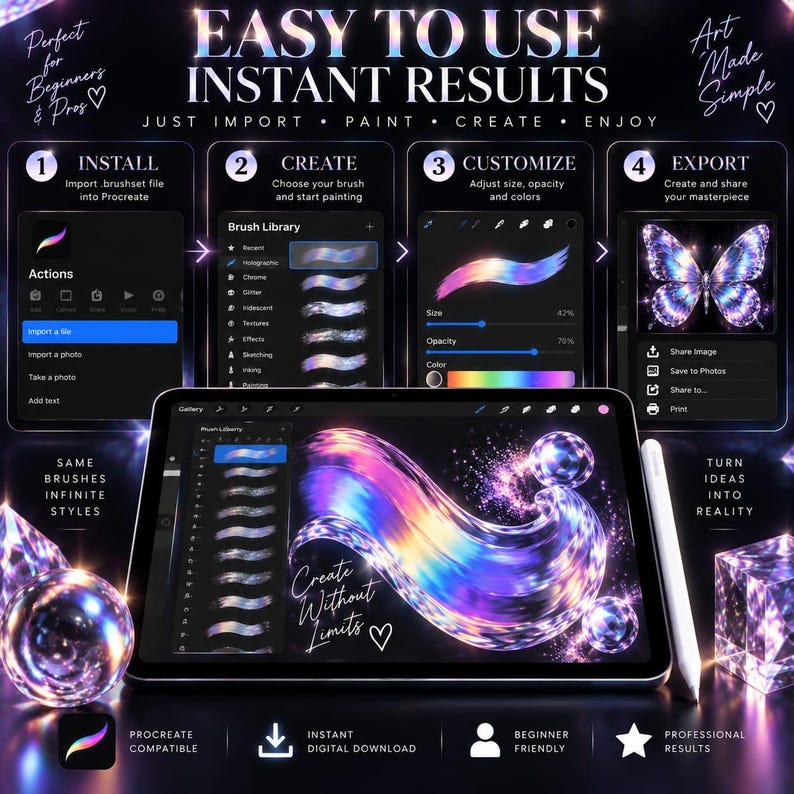 K&ouml;nnte beinhalten: Ein digitales Pinselset f&uuml;r Procreate mit einer vierstufigen Anleitung zur Installation, Erstellung, Anpassung und zum Export. Das Display zeigt ein Tablet mit Eingabestift, das irisierende, leuchtende Pinselstriche und eine Schmetterlingsgrafik pr&auml;sentiert.
