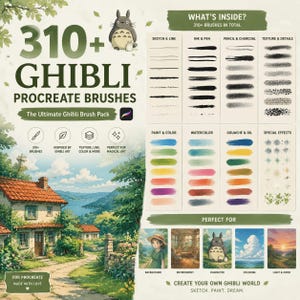 310+ Ghibli Style Procreate-penselpaket – Ultimat Studio Ghibli-inspirerat måleri, natur, moln, lövverk, akvarell och digital konstpensel bild 3