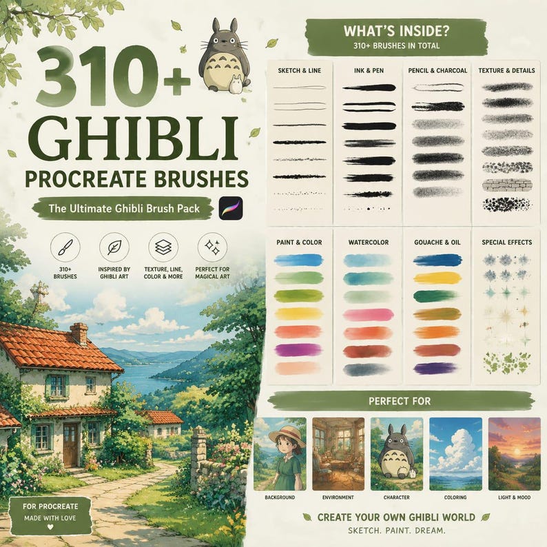 310+ Ghibli Style Procreate-penselpaket – Ultimat Studio Ghibli-inspirerat måleri, natur, moln, lövverk, akvarell och digital konstpensel bild 3