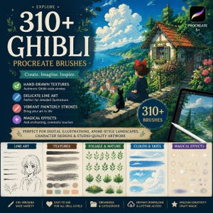 310+ Ghibli Style Procreate-penselpaket – Ultimat Studio Ghibli-inspirerat måleri, natur, moln, lövverk, akvarell och digital konstpensel bild 2