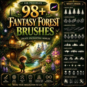 Pacchetto di oltre 98 pennelli fantasy per Procreate: bosco magico, alberi incantati, texture naturali e paesaggio fantasy.