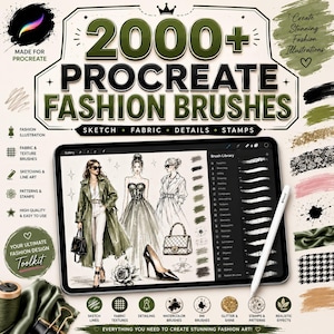 May include: A digital tablet displaying a fashion illustration software interface with a brush library menu, featuring sketches of models in trench coats and gowns, alongside a stylus, surrounded by text labels for 2000+ Procreate fashion brushes.