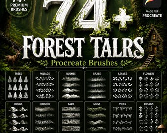 Paquete de más de 74 pinceles de senderos forestales para Procreate: senderos naturales, bosques, árboles, dibujo de paisajes y conjunto de pinceles de arte digital para Procreate.