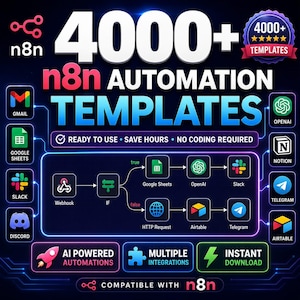 May include: A digital graphic for 4000+ n8n automation templates featuring a central workflow diagram with icons for Gmail, Google Sheets, Slack, Discord, OpenAI, Notion, Telegram, and Airtable. The design includes neon-style borders and text.