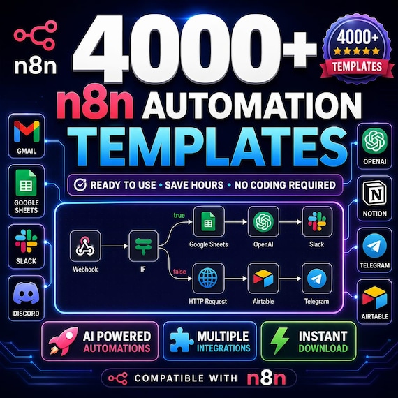 4000+ n8n Automation Templates Bundle, AI Workflow Collection, JSON Workflows, No Code Automation, Business Automation Pack