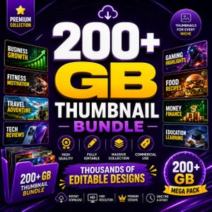 Puede incluir: Un anuncio gráfico digital para un paquete de miniaturas de 200+ GB con texto que dice 200+ GB THUMBNAIL BUNDLE, THOUSANDS OF EDITABLE DESIGNS y 200+ GB MEGA PACK, con varios iconos de categorías e imágenes de vista previa sobre fondo morado.