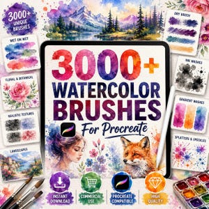 Puede incluir: Una pantalla de tableta digital muestra el texto 3000+ WATERCOLOR BRUSHES For Procreate, con una ilustración en acuarela de una persona y un zorro. Alrededor de la tableta hay muestras de texturas de acuarela, pinceles y una paleta de pintura.