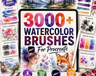 Paquete Mega de Más de 3000 Pinceles de Acuarela para Procreate: Pintura de acuarela realista, lavados, salpicaduras, texturas de papel y efectos artísticos.