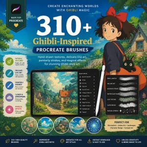 310+ Ghibli Style Procreate-penselpaket – Ultimat Studio Ghibli-inspirerat måleri, natur, moln, lövverk, akvarell och digital konstpensel bild 1